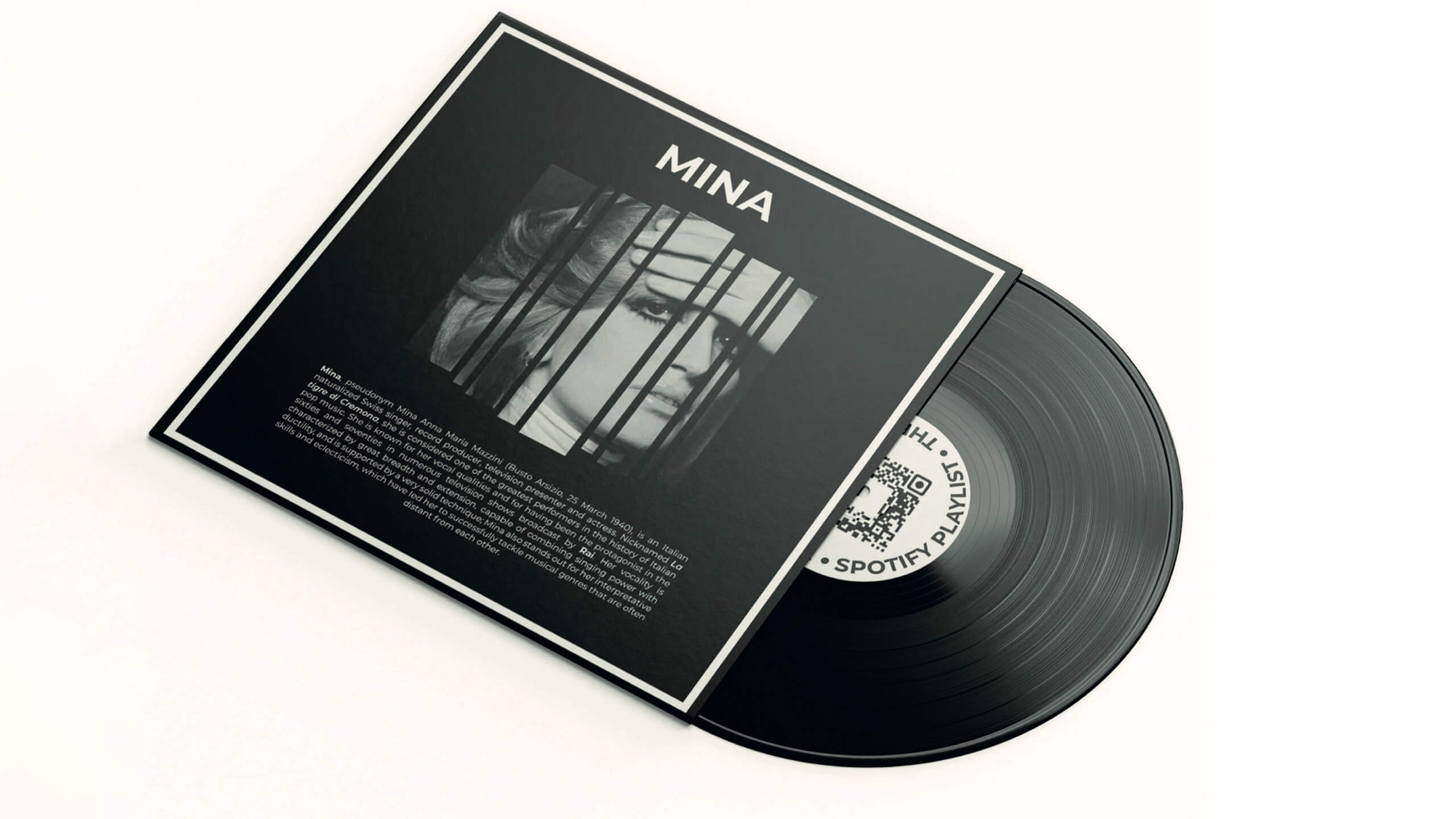 Il disco in vinile che esce dalla custodia nera «MINA», con l'etichetta «Spotify playlist» e il QR code, The First Musica, Lion Brand