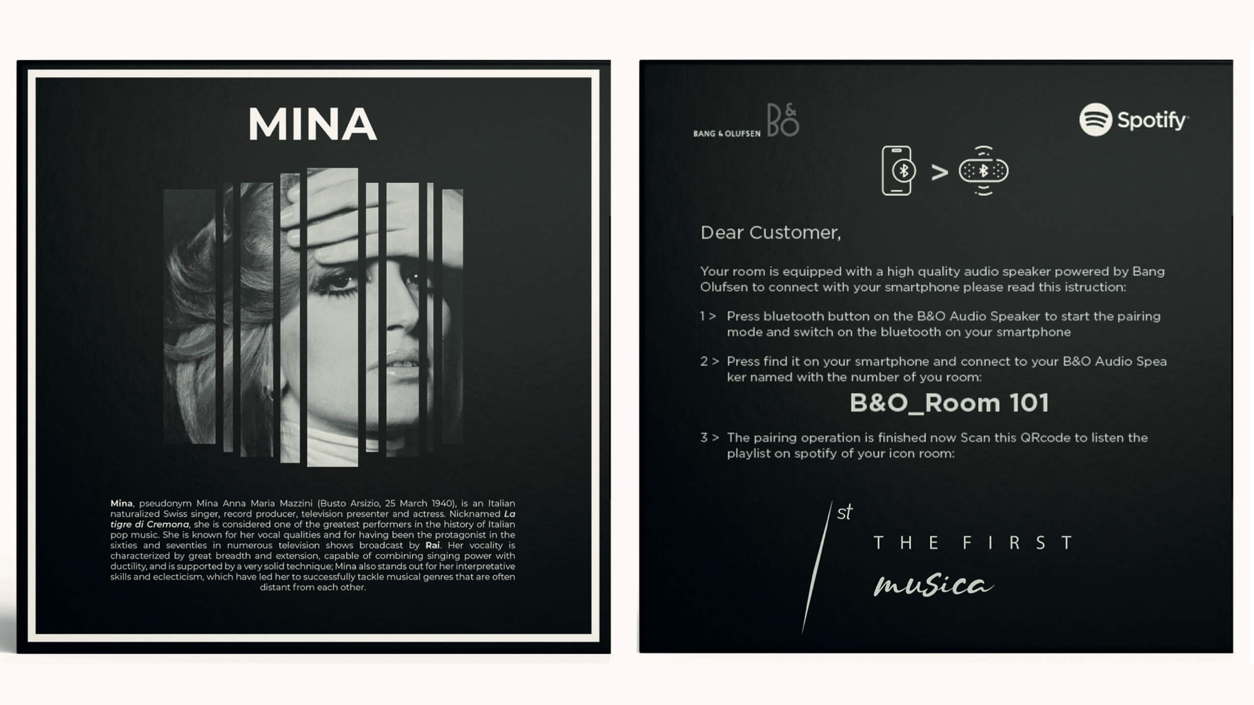 Fronte e retro della custodia del vinile: il ritratto di Mina a strisce e la biografia, The First Musica, Lion Brand
